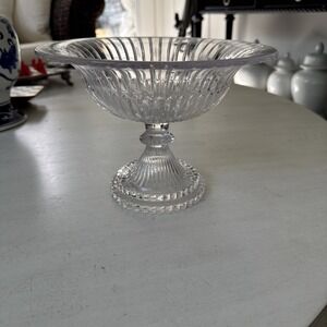 Vintage Crystal Ribbed Pedestal Footed Dish 7" Tall 9.5" Wide